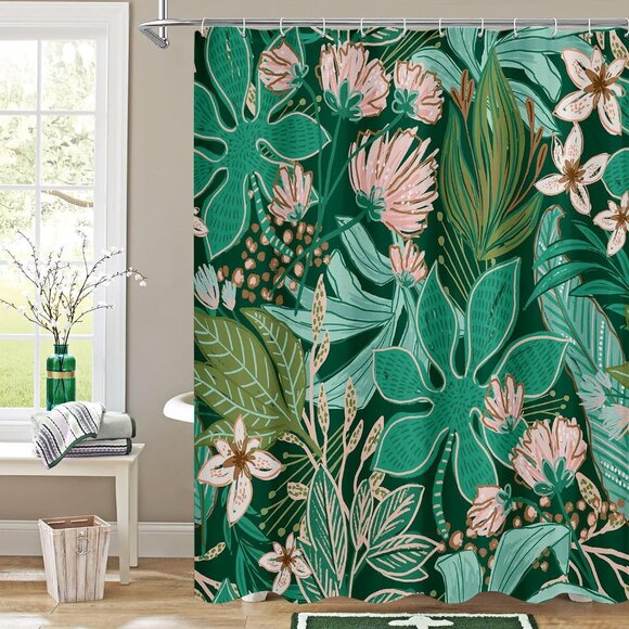 Boho Bohemian Botanical Leaves Plants Jungle Green Shower Curtain Fabric NEW - Picture 5 of 5